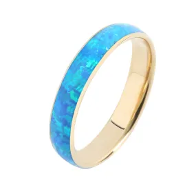 14 Karat Yellow Gold Blue Opal Ring Barrel Shape 4mm