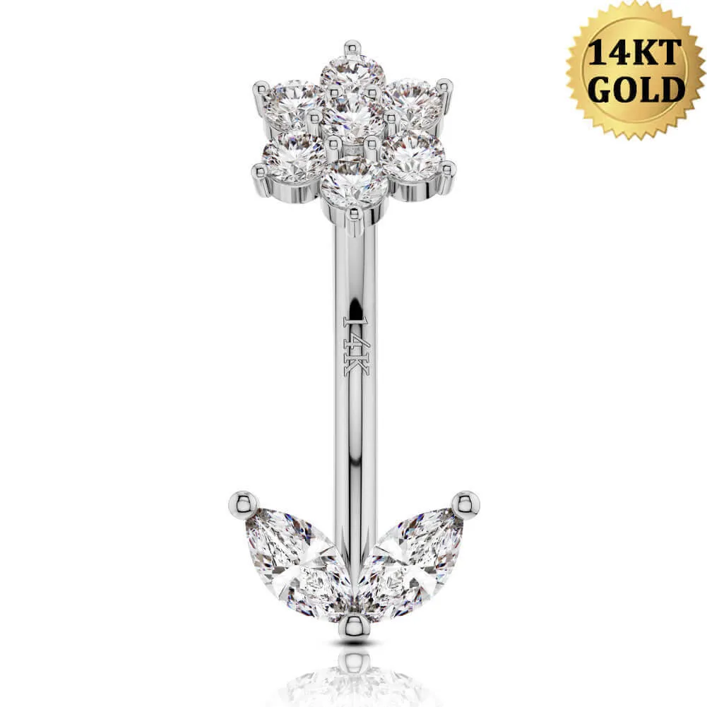 14K Solid White Gold Flower Leave Rook Earring 16G CZ Eyebrow Ring