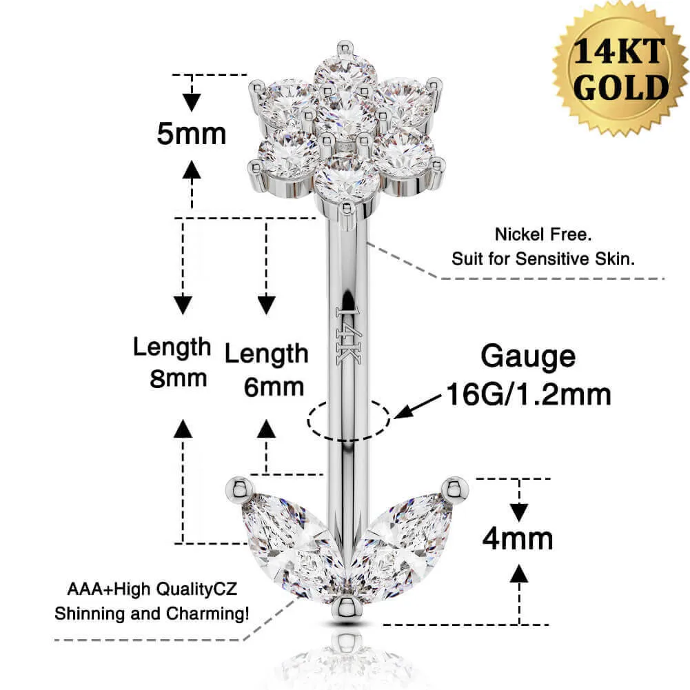 14K Solid White Gold Flower Leave Rook Earring 16G CZ Eyebrow Ring