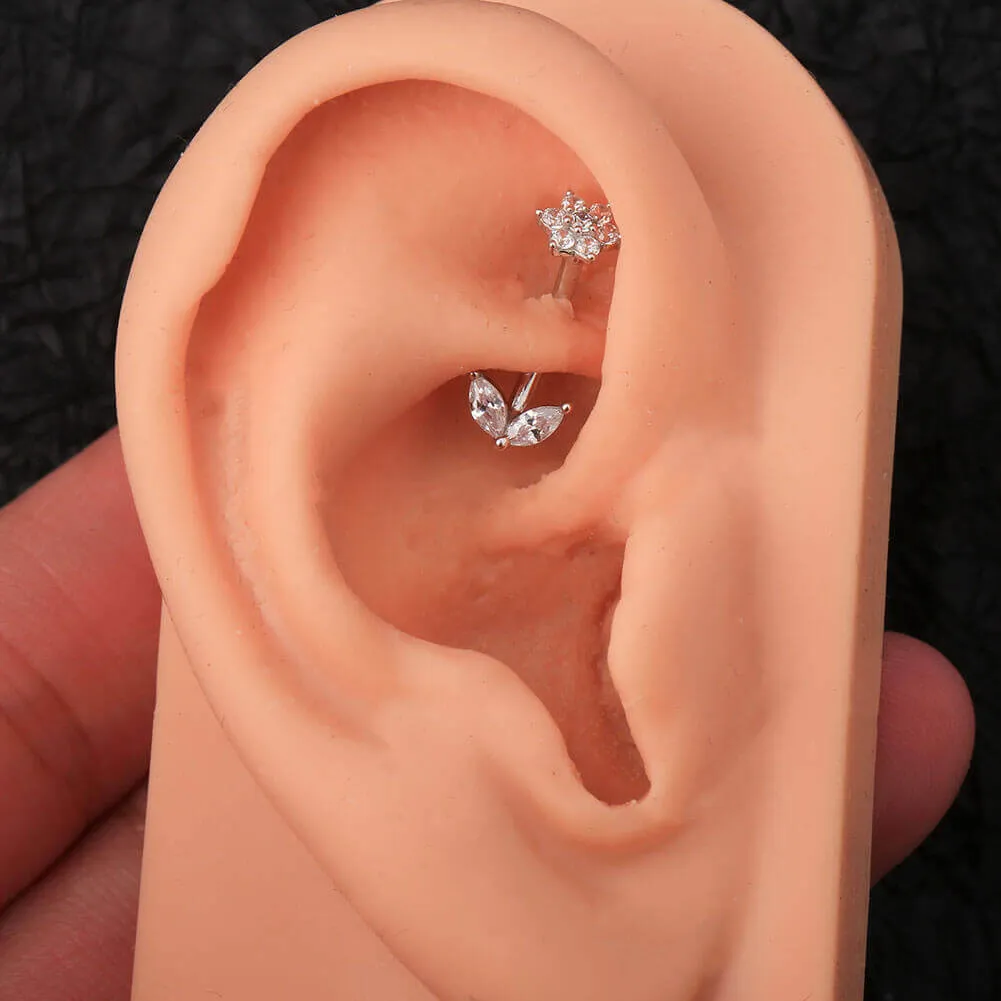 14K Solid White Gold Flower Leave Rook Earring 16G CZ Eyebrow Ring