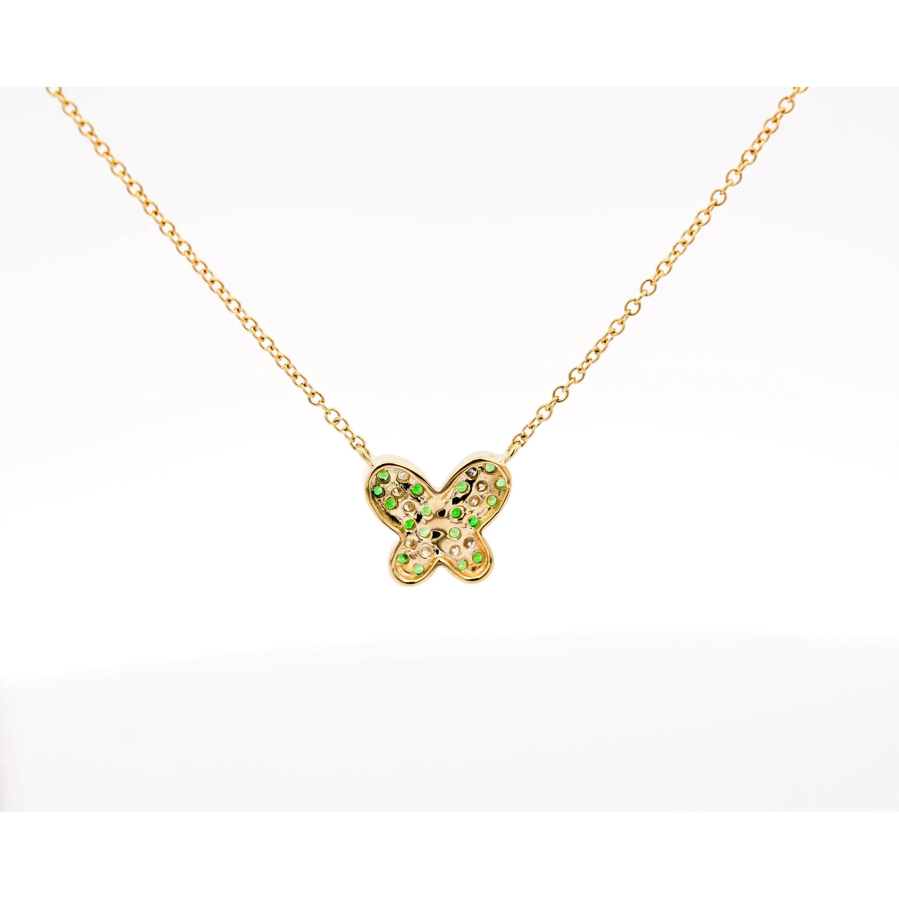 14k Solid Yellow Gold Tsavorite Butterfly Charm Floating Pendant Necklace