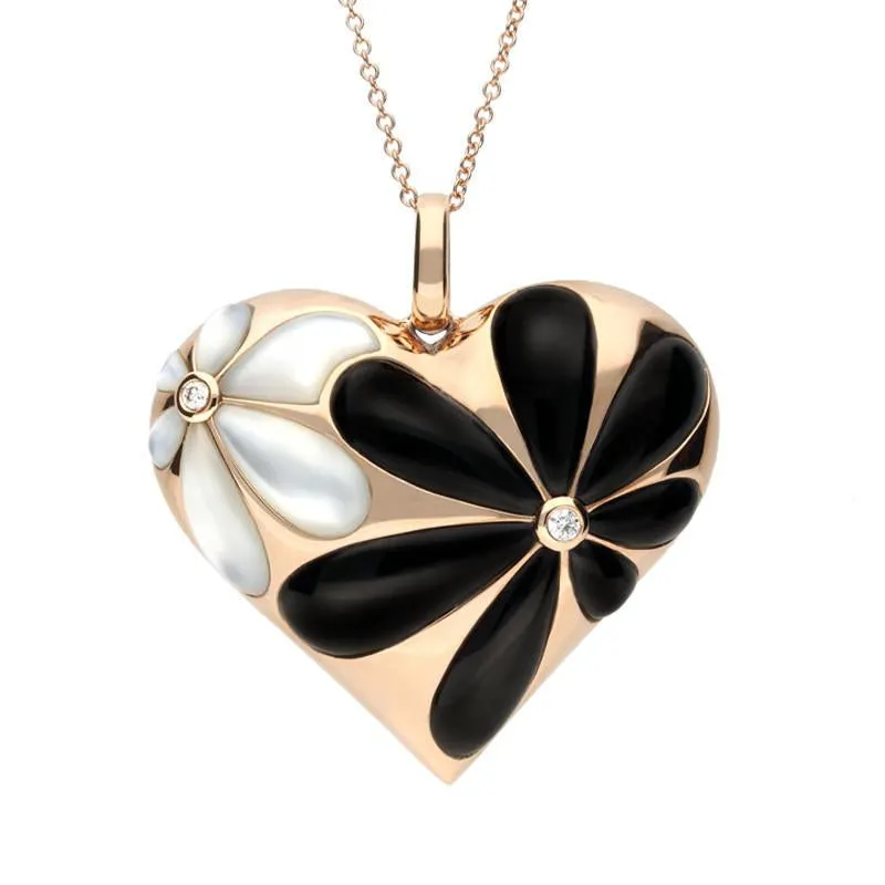 18ct Rose Gold Whitby Jet Diamond Large Flower Heart Necklace