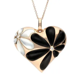 18ct Rose Gold Whitby Jet Diamond Large Flower Heart Necklace