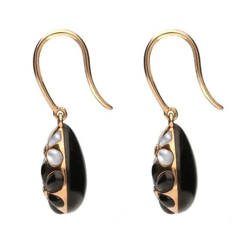 18ct Rose Gold Whitby Jet Diamond Mother of Pearl Flower Pear Two Piece Set