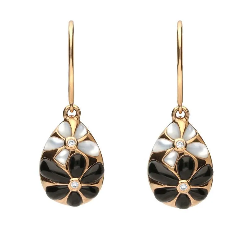 18ct Rose Gold Whitby Jet Diamond Mother of Pearl Flower Pear Two Piece Set