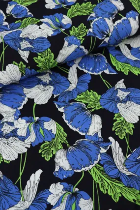 1YD 12IN REMNANT; Blue & White Floral on Black Linen Blend