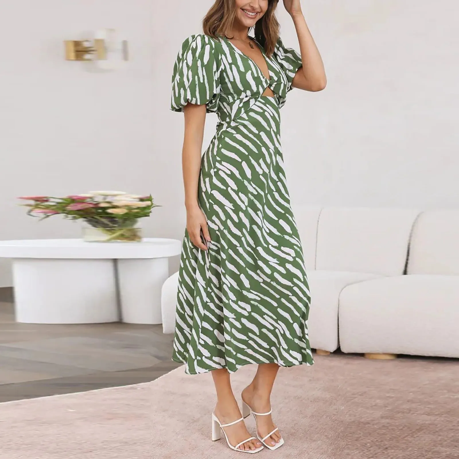 2024 Elegant Boho Stripe Print V-Neck Puff Sleeve Midi Dress