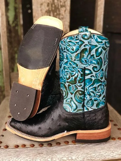 Anderson Bean Women's Black & Dark Teal Foam Ostrich Square Toe Cowgirl Boots 321803