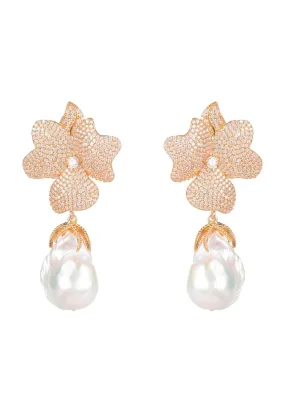 Baroque Pearl White Flower Drop Earrings Rosegold