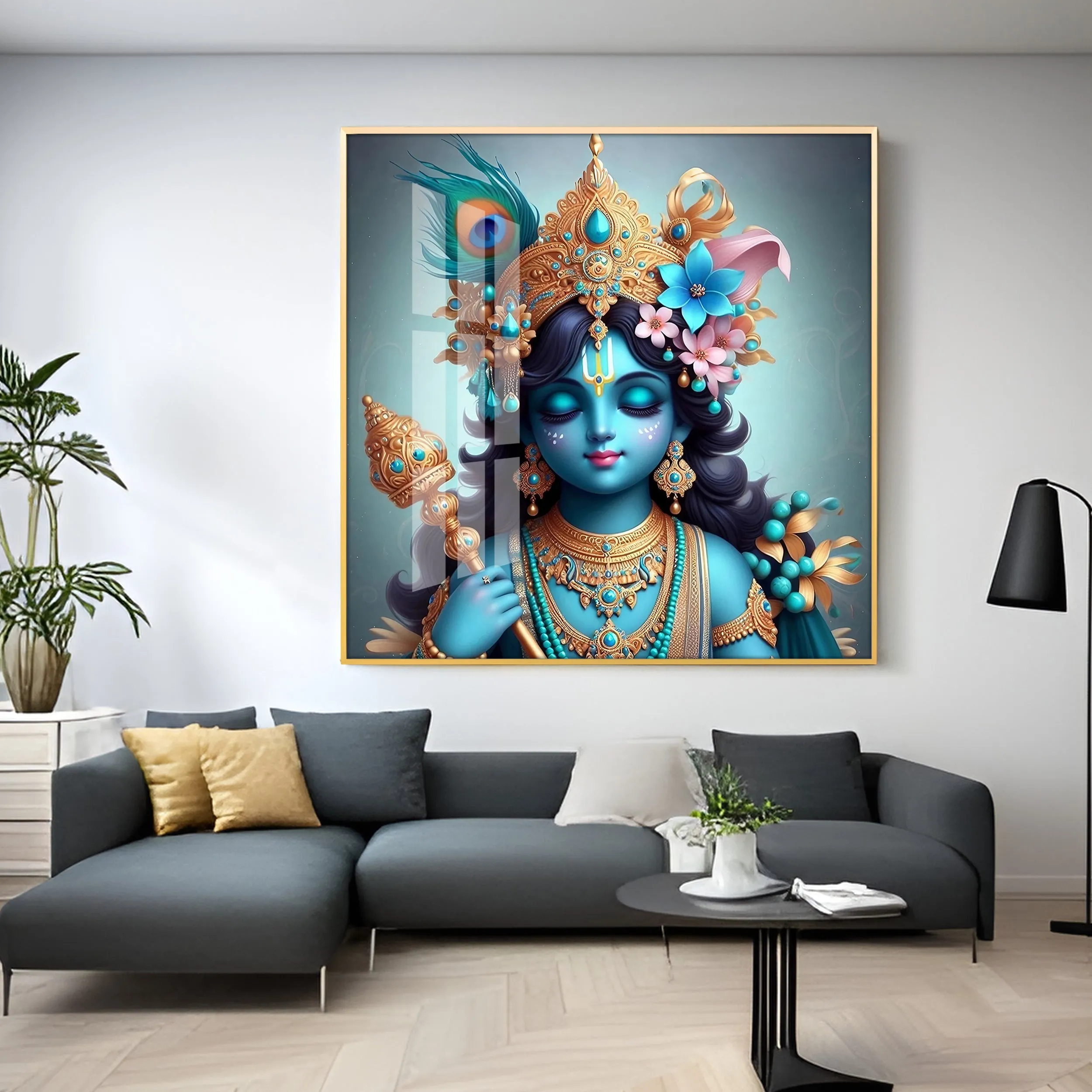 Beautiful Lord Krishna with Flute Premium Acrylic Square Wall Art