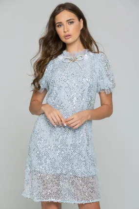 Blue Mesh Sequined and Embellished Mini Dress