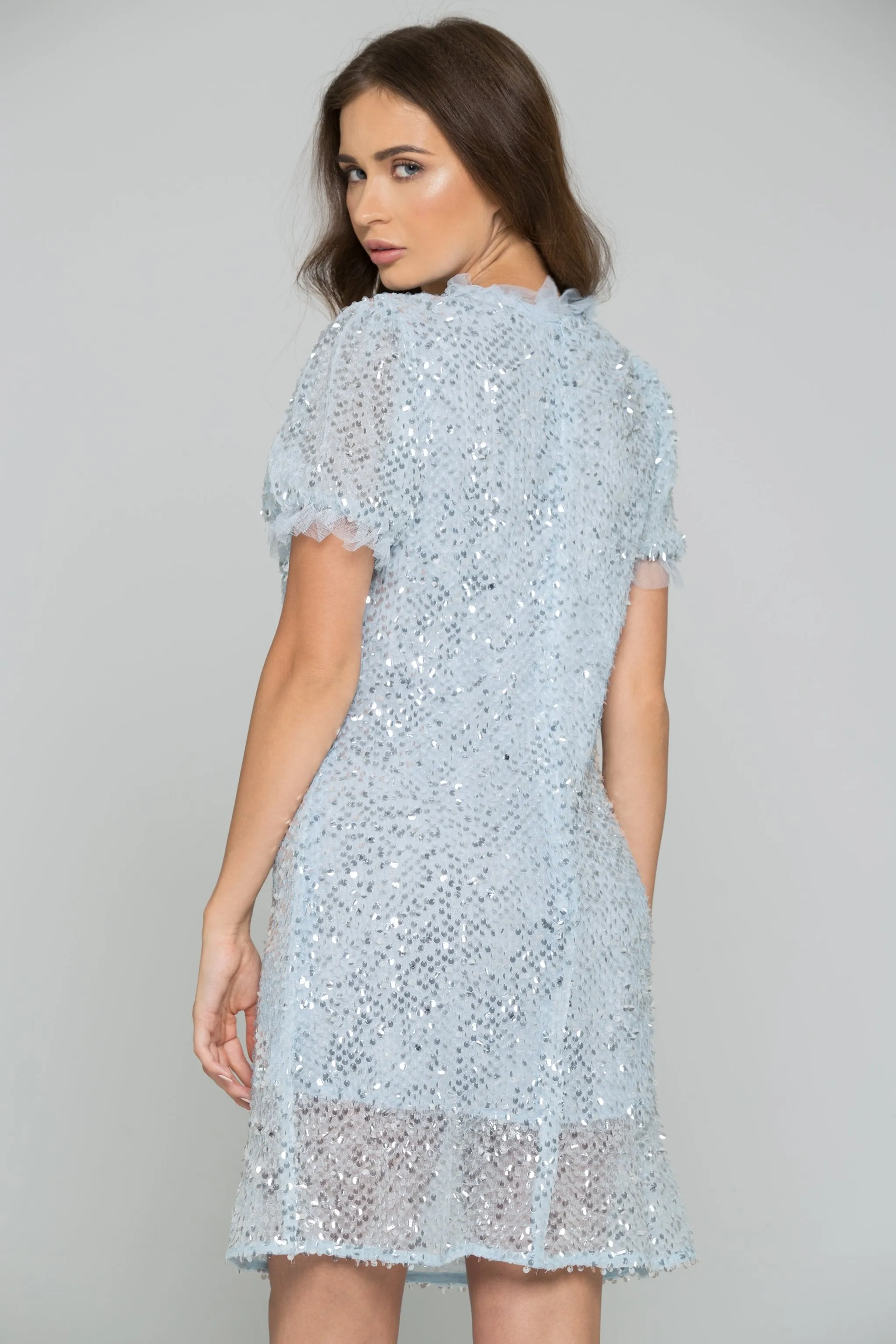 Blue Mesh Sequined and Embellished Mini Dress