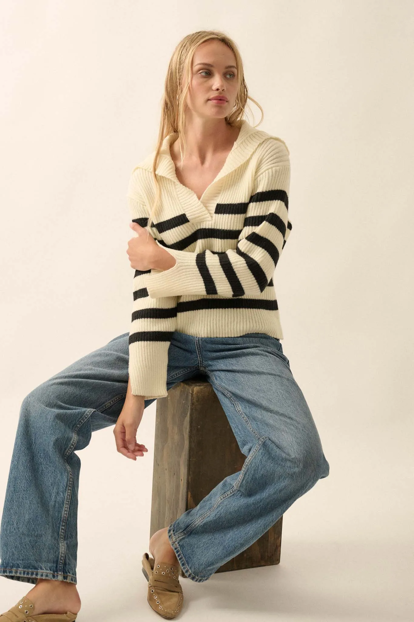 Breton Beach Striped Rib-Knit Collared Sweater