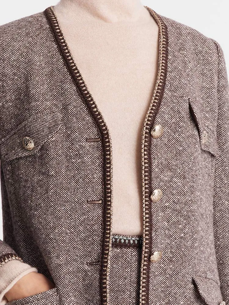 Brown Wool Single-Breasted Women Jacket