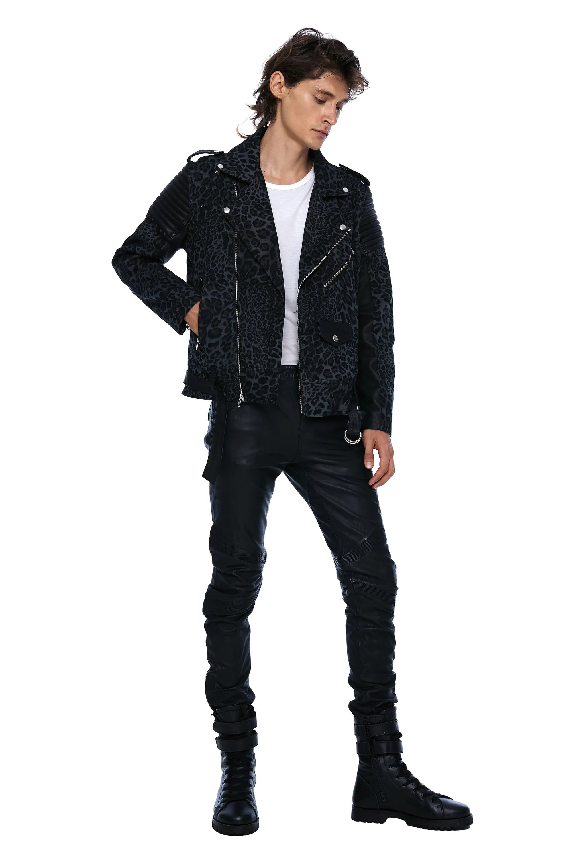 DENIM AND LEATHER BIKER JACKET IN GREY LEOPARD