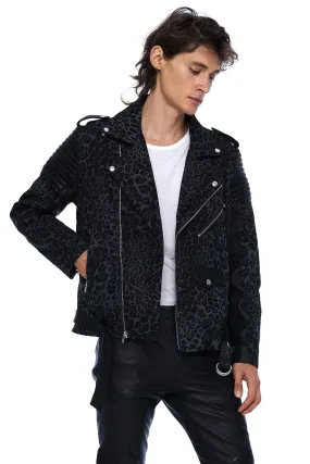 DENIM AND LEATHER BIKER JACKET IN GREY LEOPARD