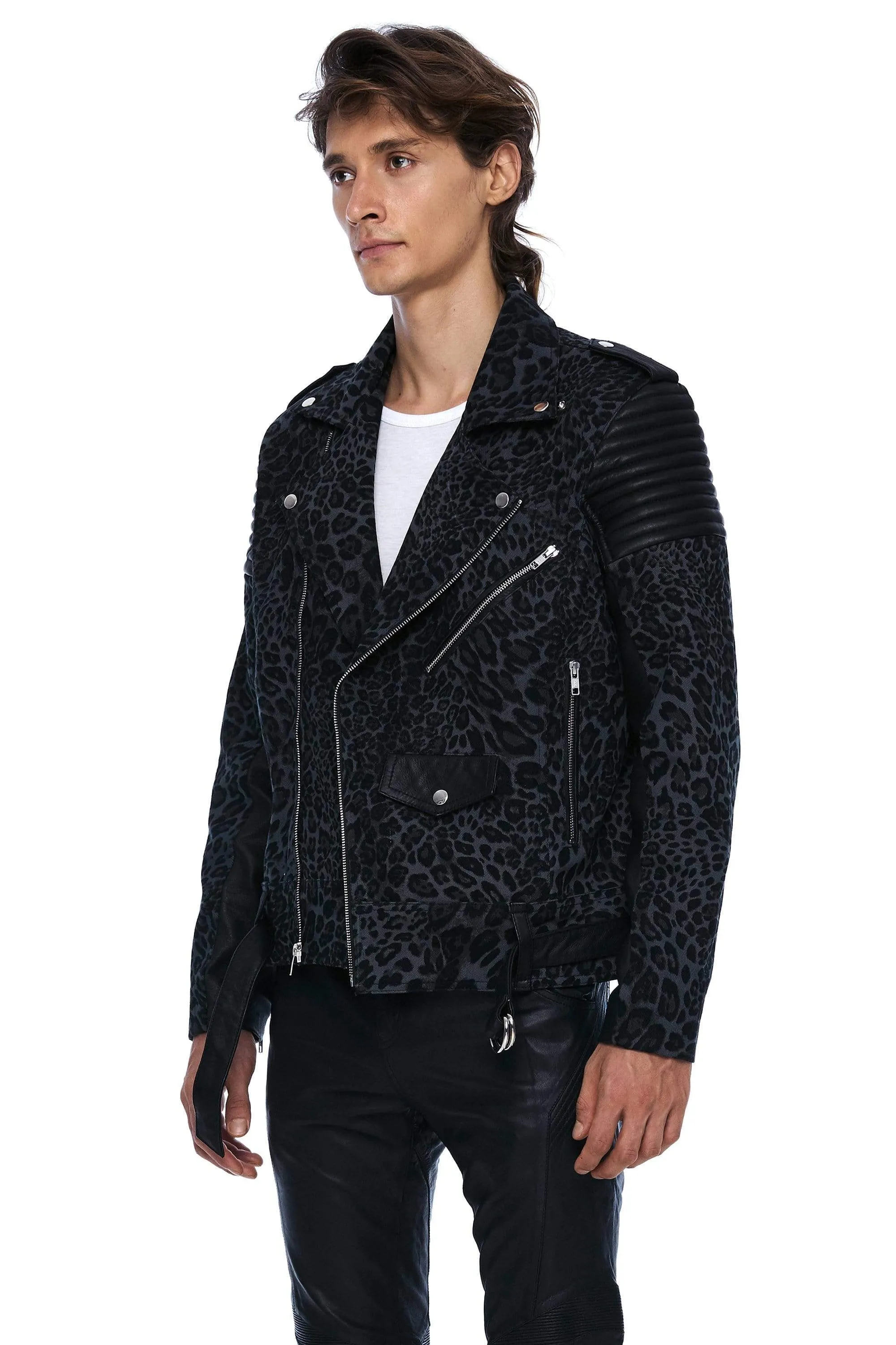 DENIM AND LEATHER BIKER JACKET IN GREY LEOPARD