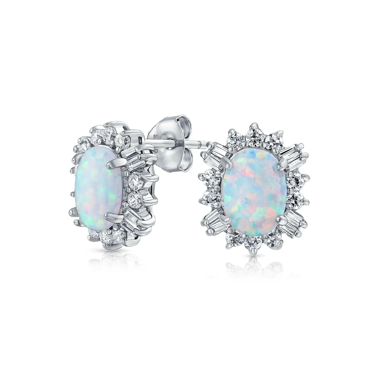 Estate White Orange Opal Halo CZ Oval Stud Earrings Gold .925 Silver