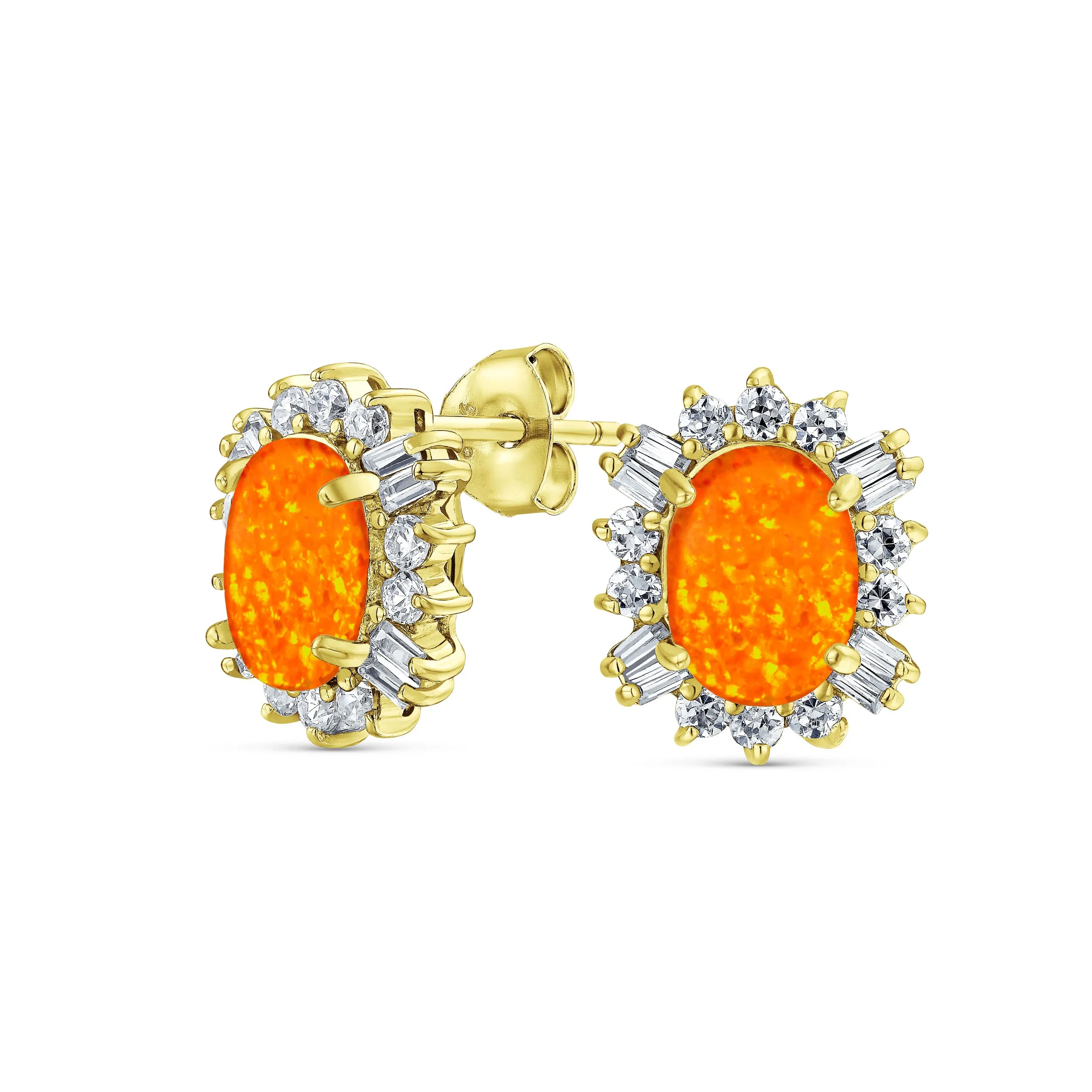 Estate White Orange Opal Halo CZ Oval Stud Earrings Gold .925 Silver