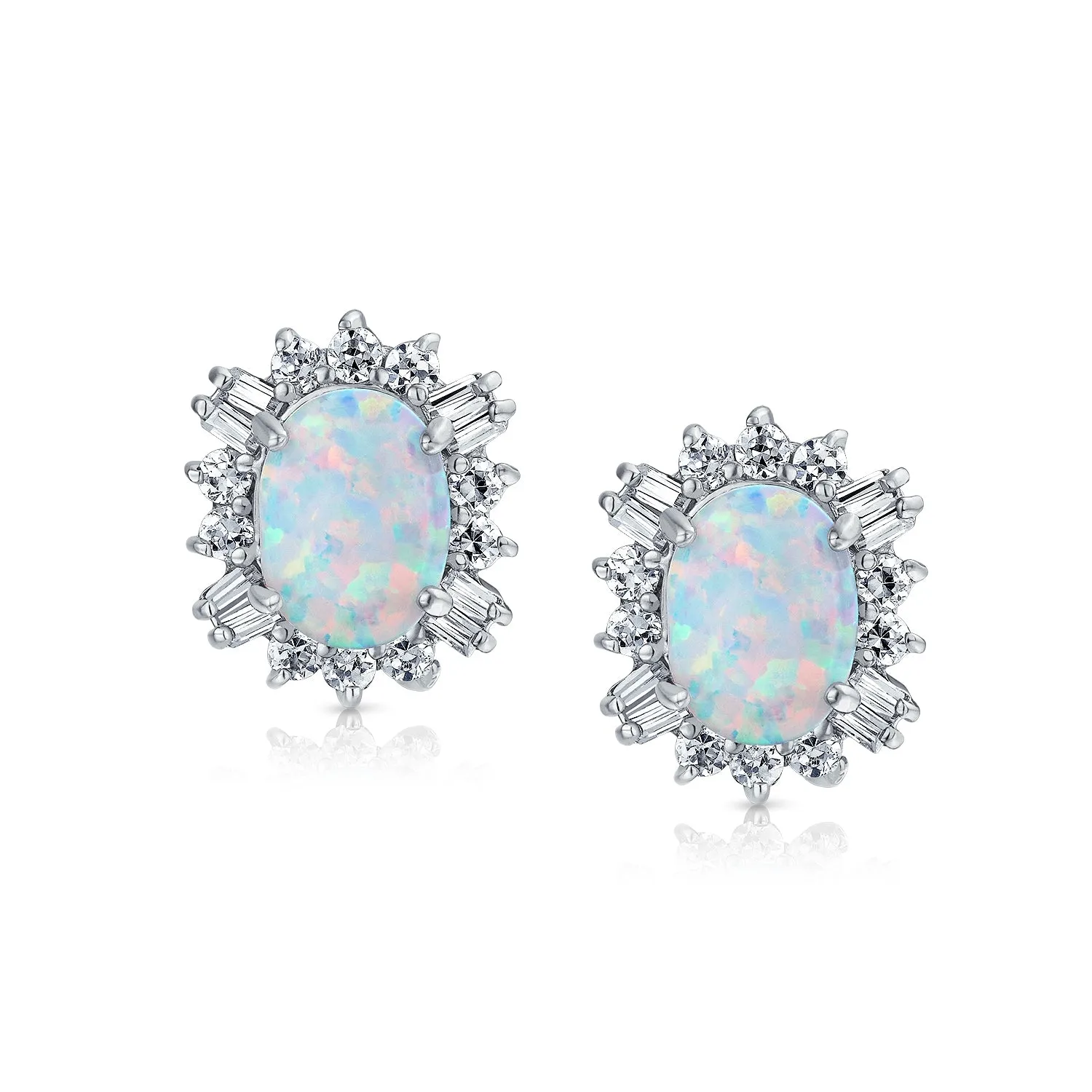 Estate White Orange Opal Halo CZ Oval Stud Earrings Gold .925 Silver