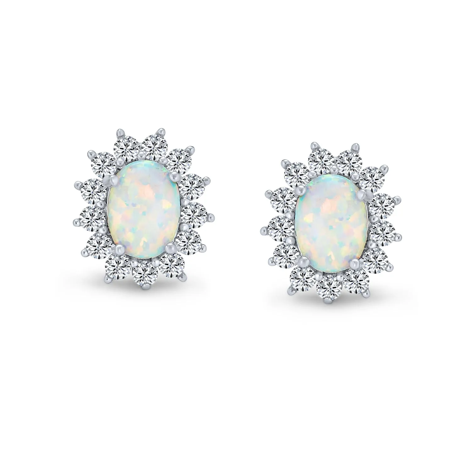 Estate White Orange Opal Halo CZ Oval Stud Earrings Gold .925 Silver