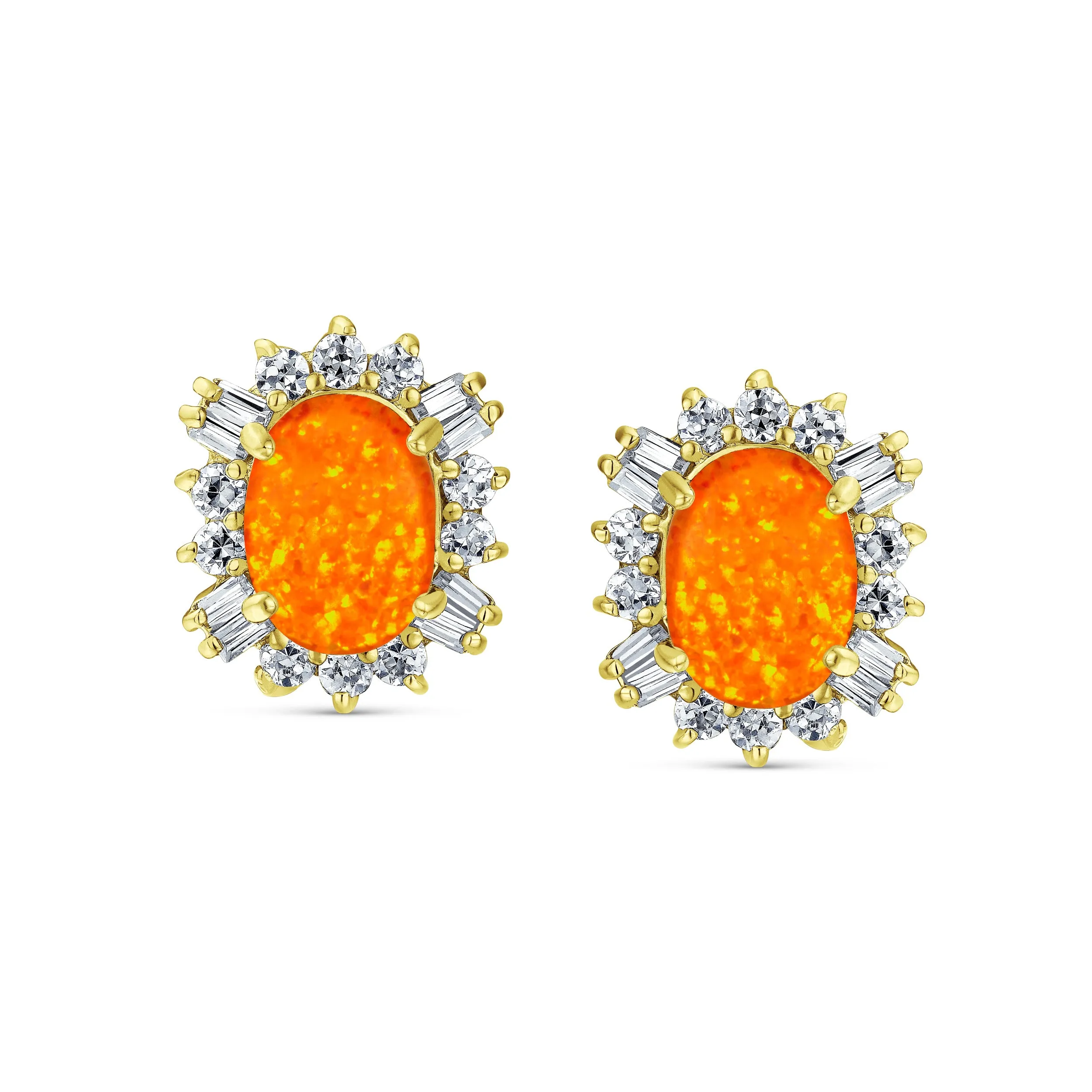 Estate White Orange Opal Halo CZ Oval Stud Earrings Gold .925 Silver