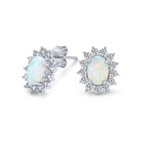 Estate White Orange Opal Halo CZ Oval Stud Earrings Gold .925 Silver