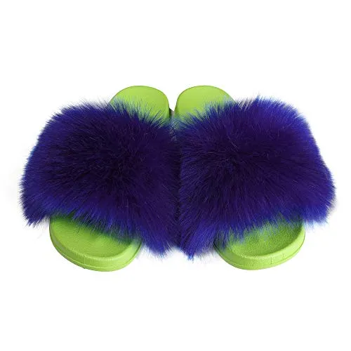 Fur Story ladies blue faux fur slippers, outdoor furry sandals