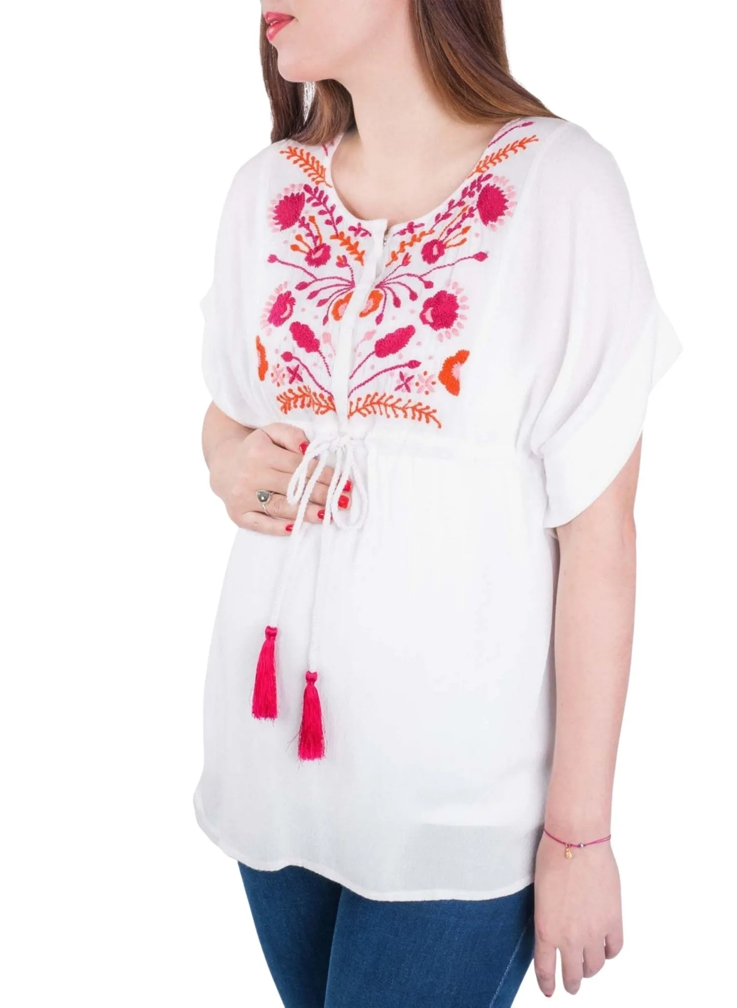 Maternity & Nursing Embroidered Caftan Blouse - White/Pink