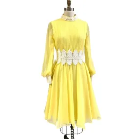 Mod 60s VTG Yellow Chiffon Cocktail Filmy Swirl dress Lace Trim Sz 6/S Union Made