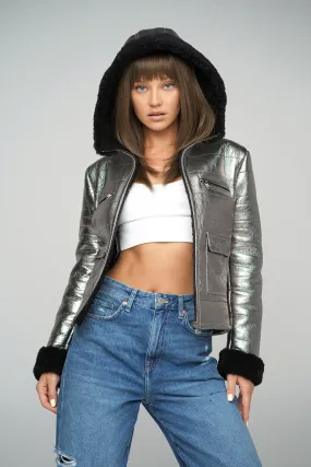 Silver Shearling Leather Hooded Jacket