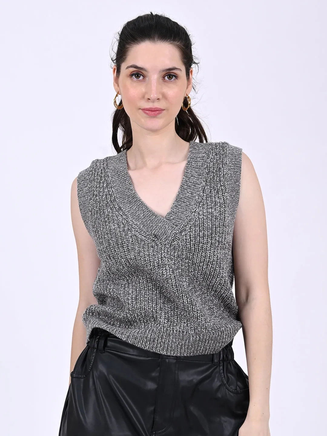 Women Grey Cable Knit Vest