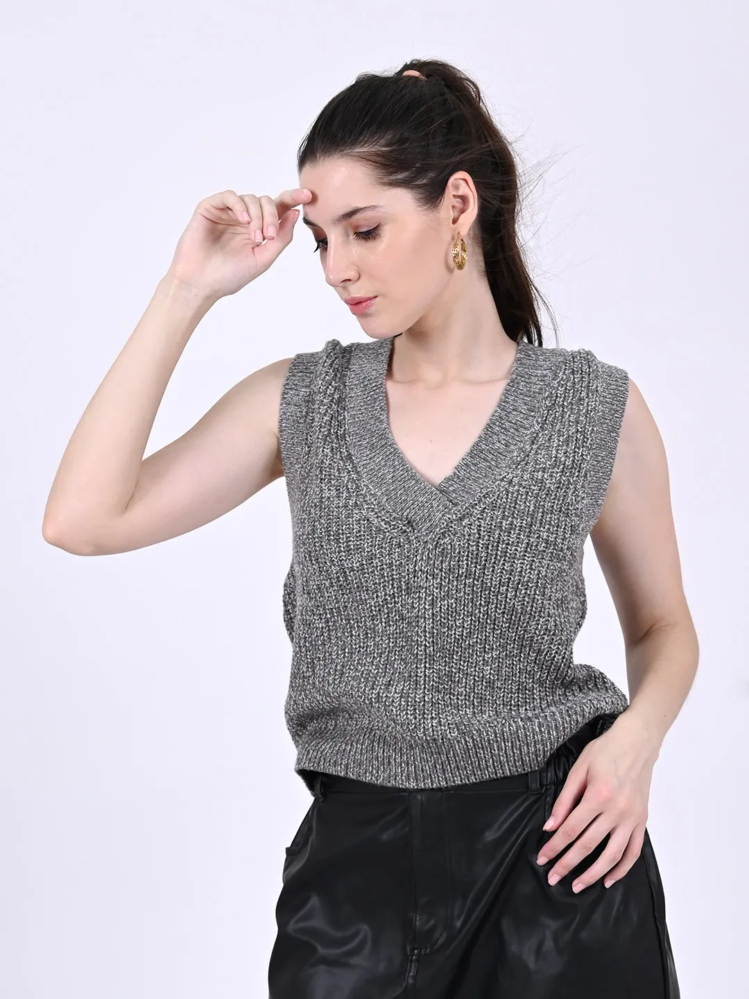 Women Grey Cable Knit Vest