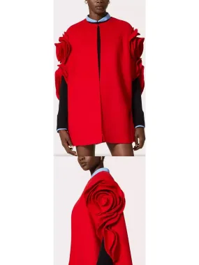 Women’s Compact Cape Coat with Rose Applique Detail in Red