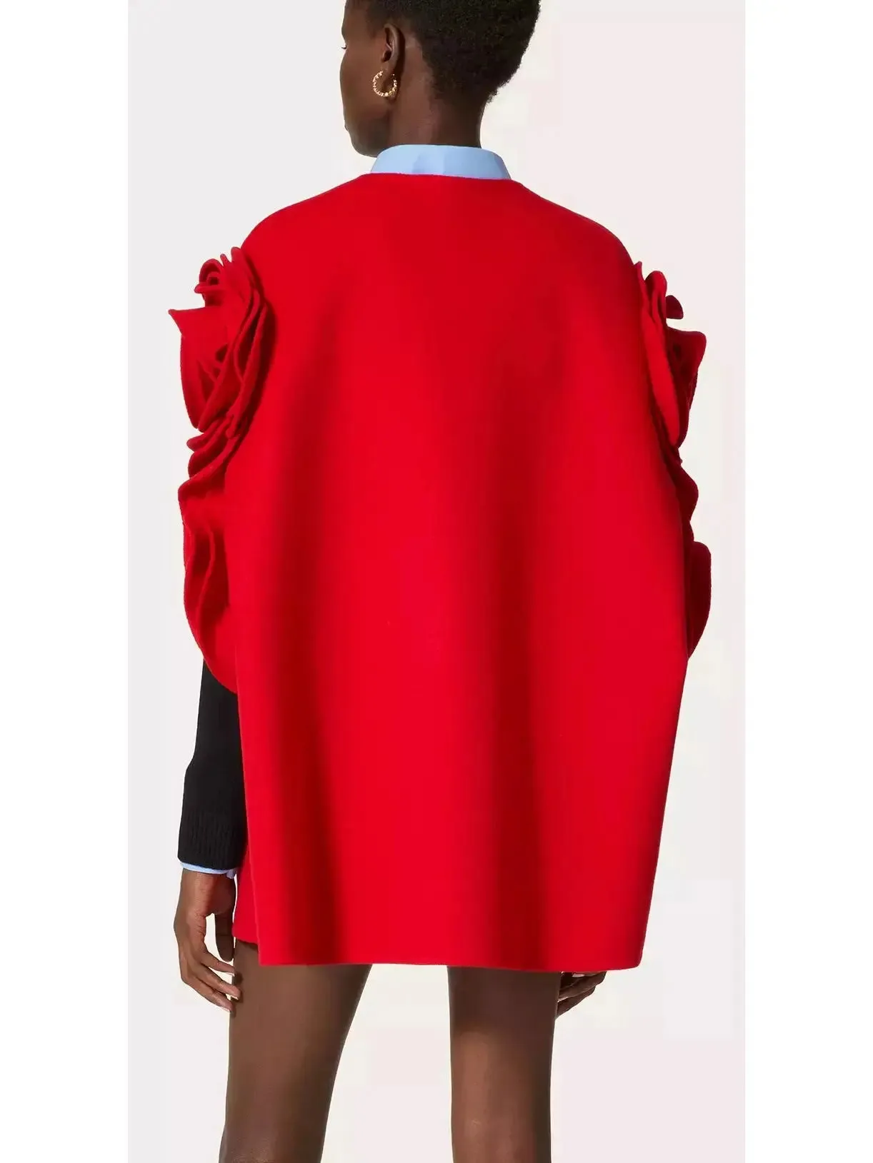 Women’s Compact Cape Coat with Rose Applique Detail in Red