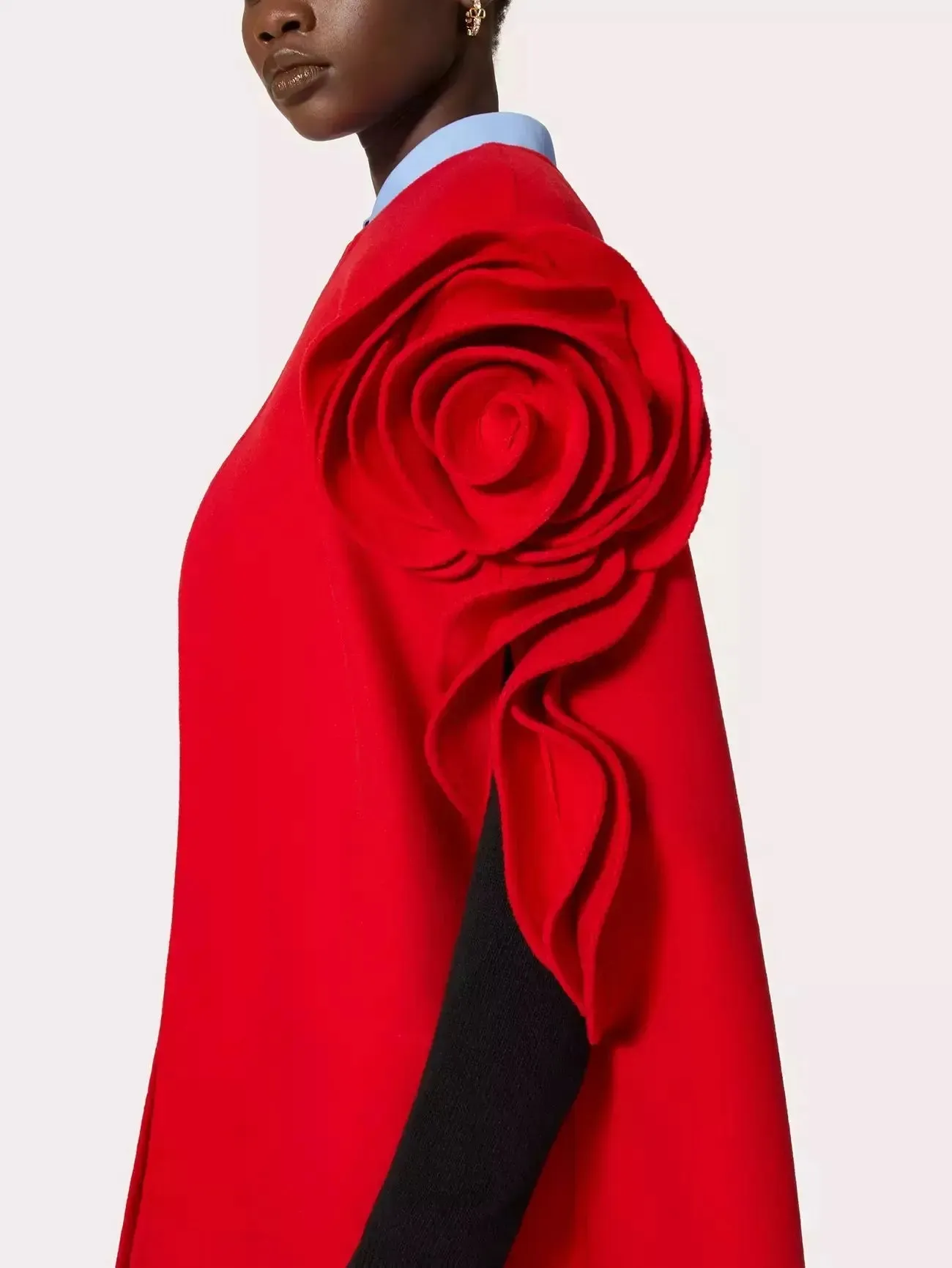 Women’s Compact Cape Coat with Rose Applique Detail in Red